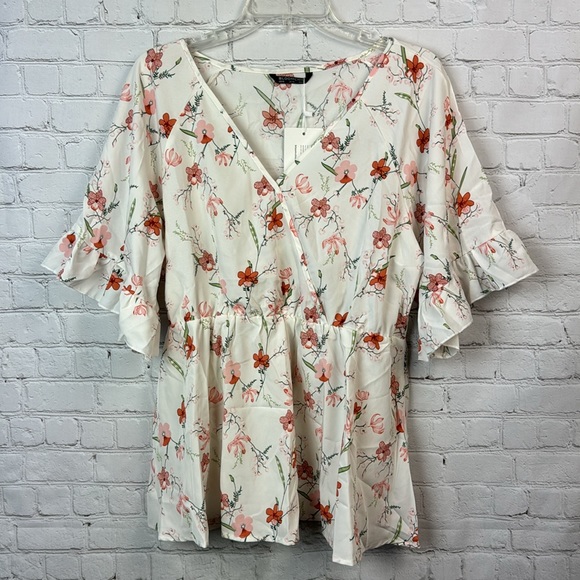 BloomChic Cream & Orange Floral Surplice Ruffle Sleeve Top Size 10 Medium - Picture 2 of 6